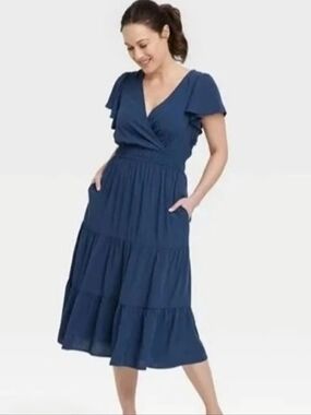 Knox Rose Size S Navy Tiered Wrap Midi Dress 3445-AD